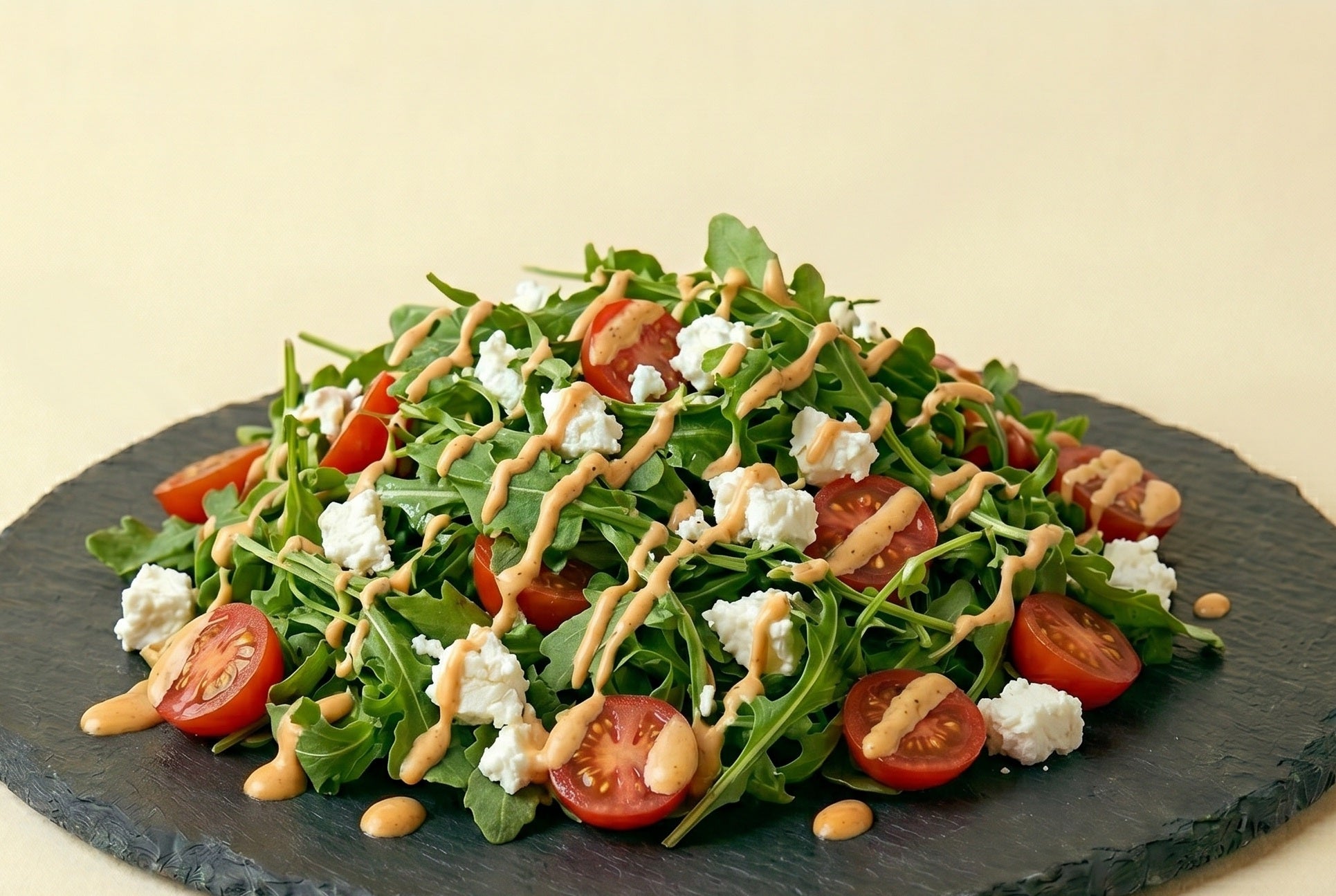 A fresh arugula salad tossed with cherry tomatoes, crumbled goat cheese, and a vibrant, zesty tropical hot sauce dressing.