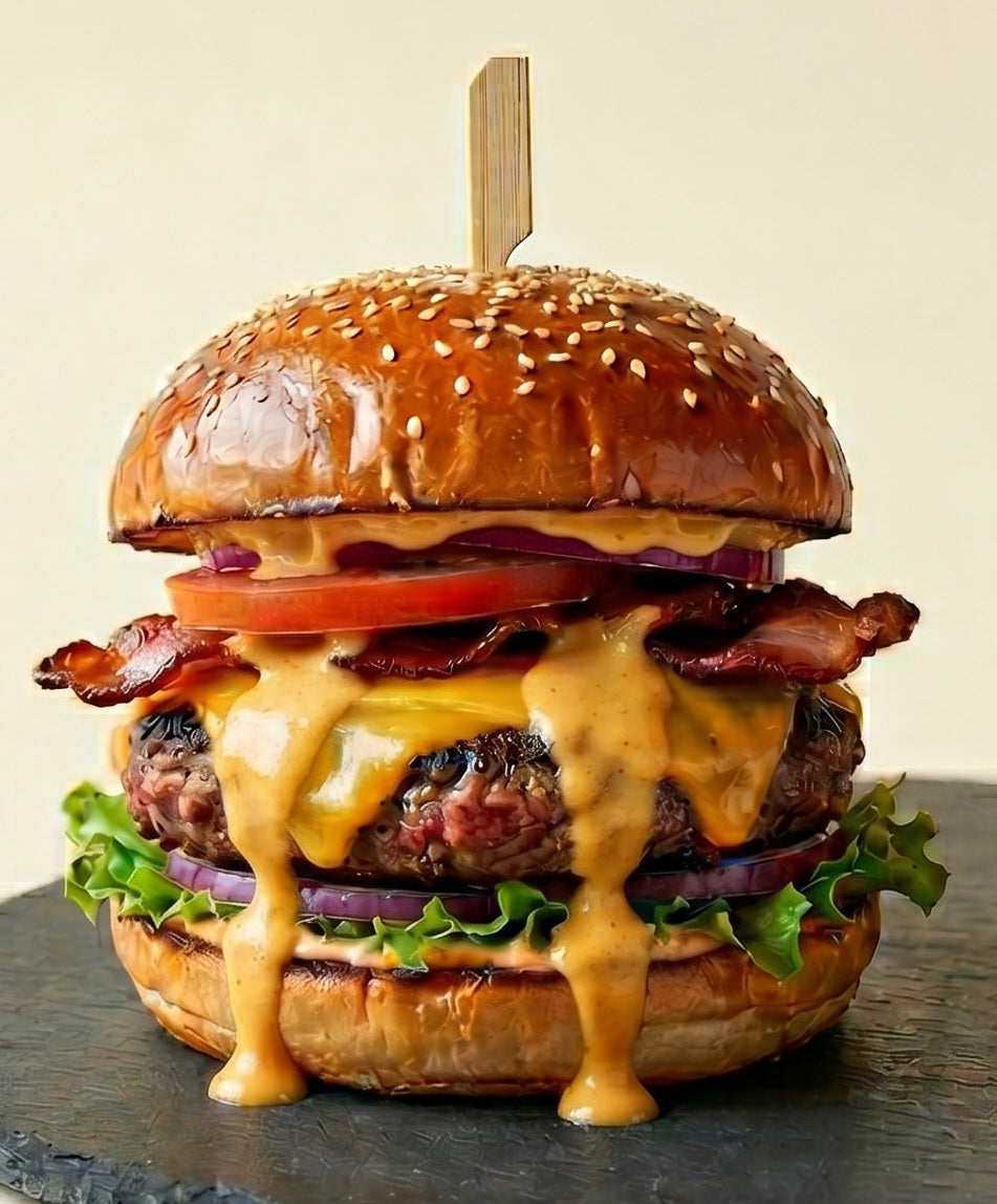 A gourmet beef burger layered with melted cheese, bacon, and red onions, dripping with rich Tropical Heat craft hot sauce.