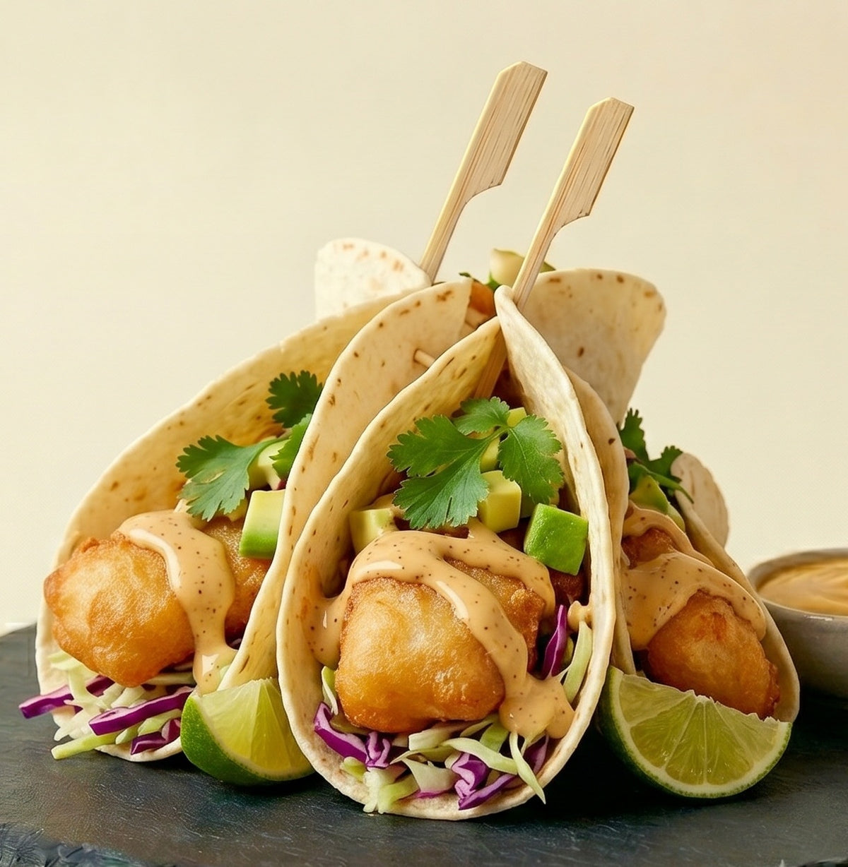 Three soft flour fish tacos garnished with fresh cilantro, lime wedges, avocado and shredded cabbage, topped with a creamy tropical heat hot sauce drizzle. 