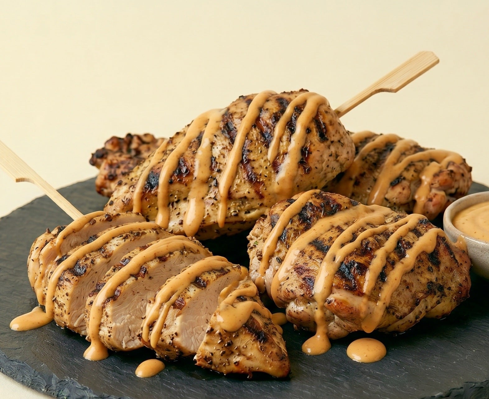 Juicy, charred grilled chicken breasts sliced on a dark stone platter, crisscrossed with tropical heat hot sauce glaze.