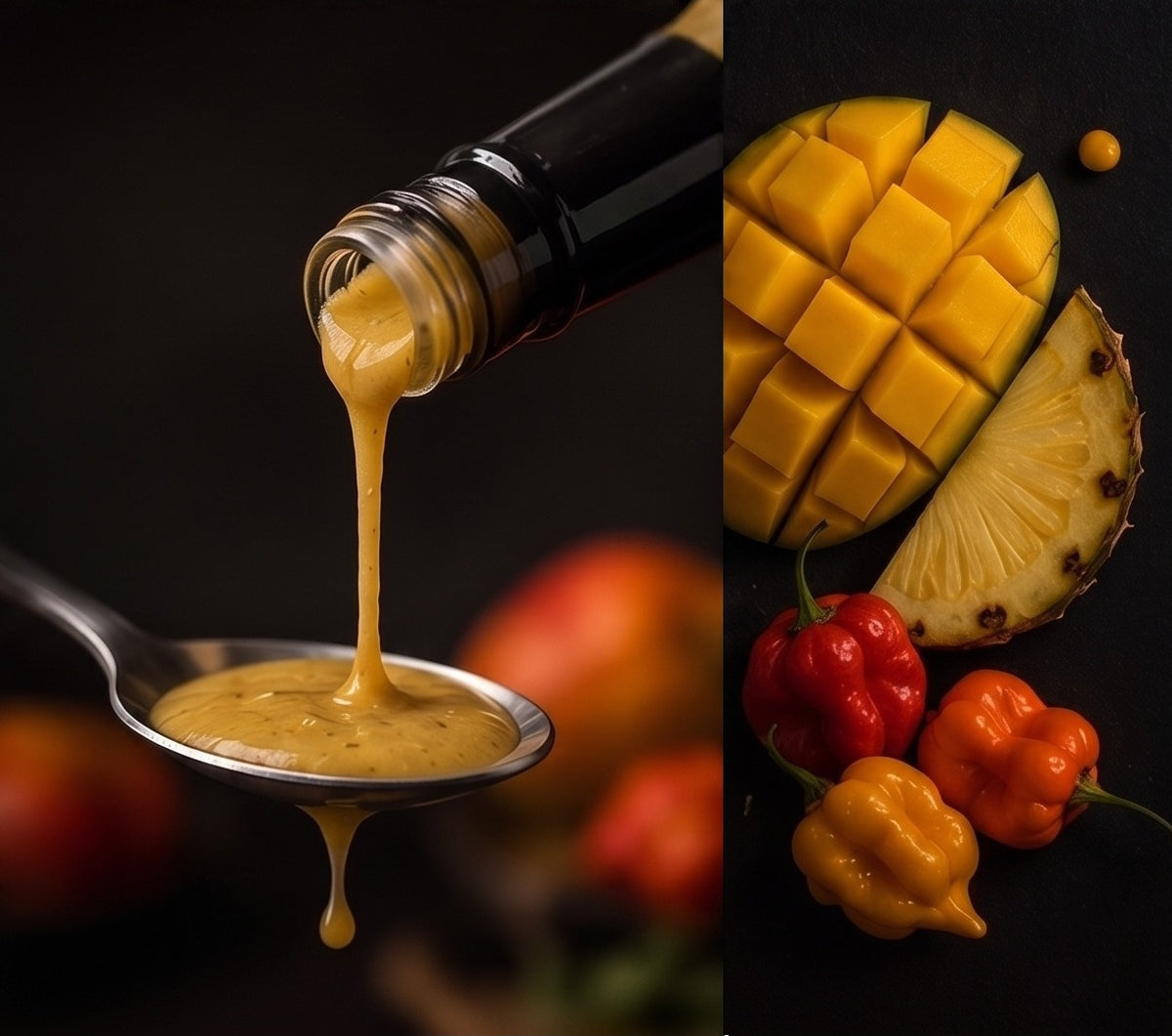 Close-up shot of rich, vibrant orange-yellow hot sauce pouring smoothly, showcasing real crushed bits of mango, pineapple, and scotch bonnet peppers.