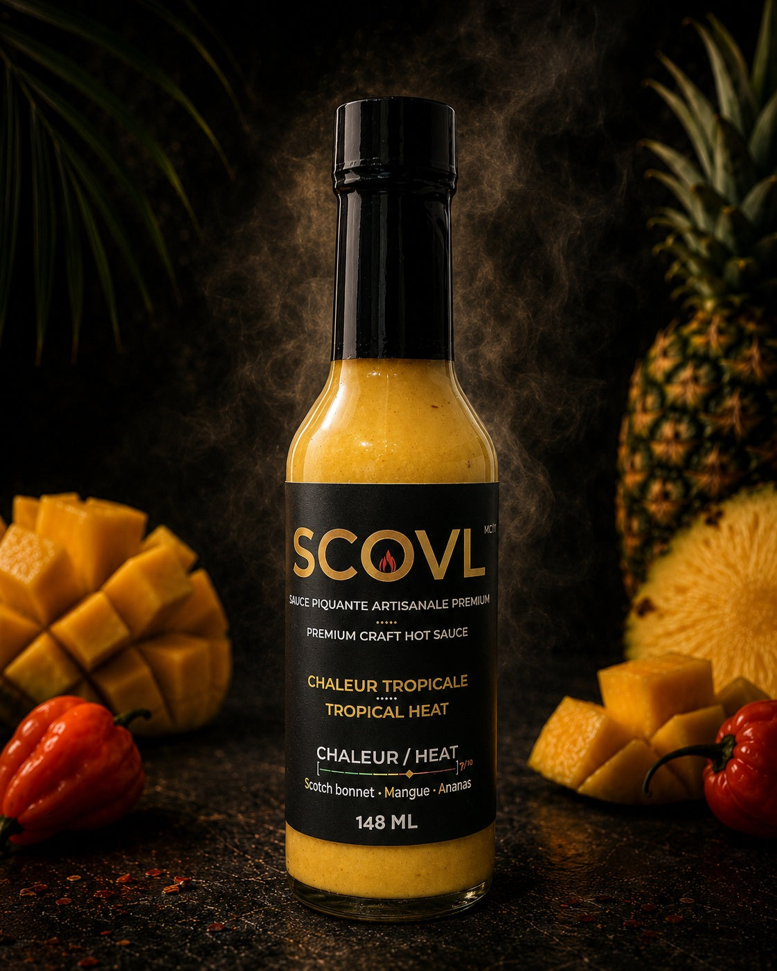 A premium studio shot of the SCOVL Tropical Heat hot sauce bottle sitting elegantly next to fresh tropical ingredients like sweet pineapple and spicy scotch bonnet peppers.